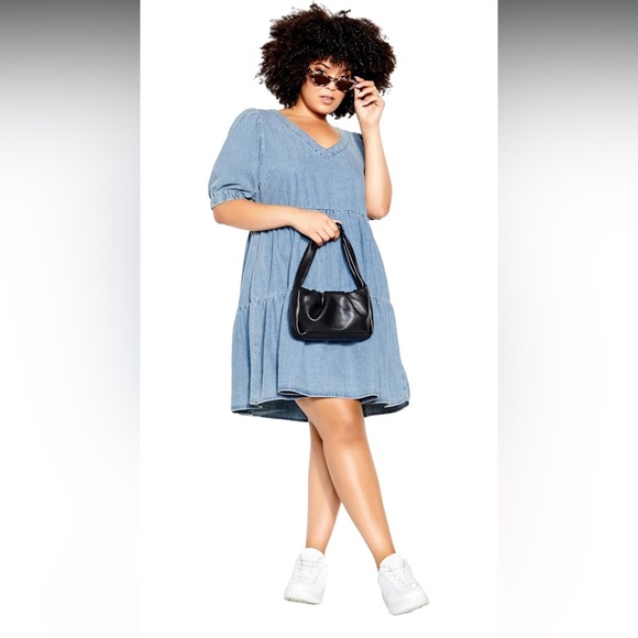 City Chic Blue Cuffed Sleeve Crew Neck Sundress - Picture 1 of 7